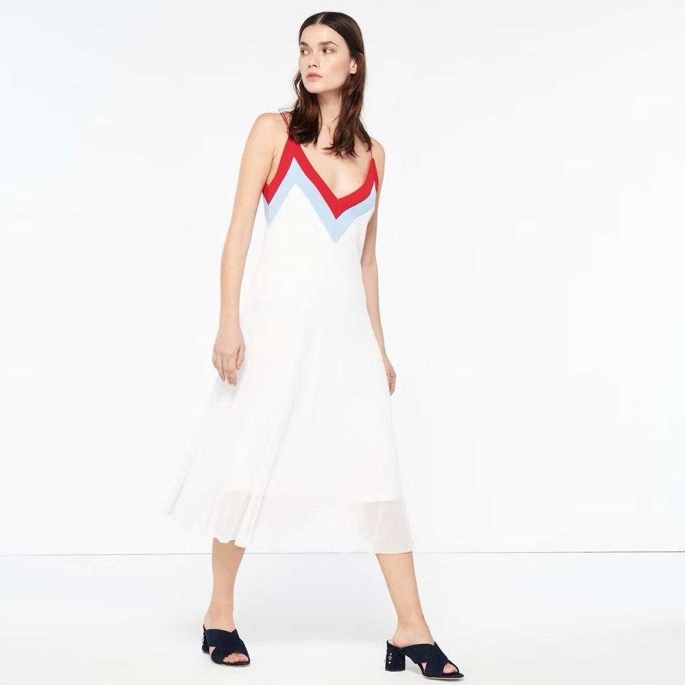 Sandro‎ Runway V-Neck Knit Midi Dress Red Blue White Size 1 (US Small)
